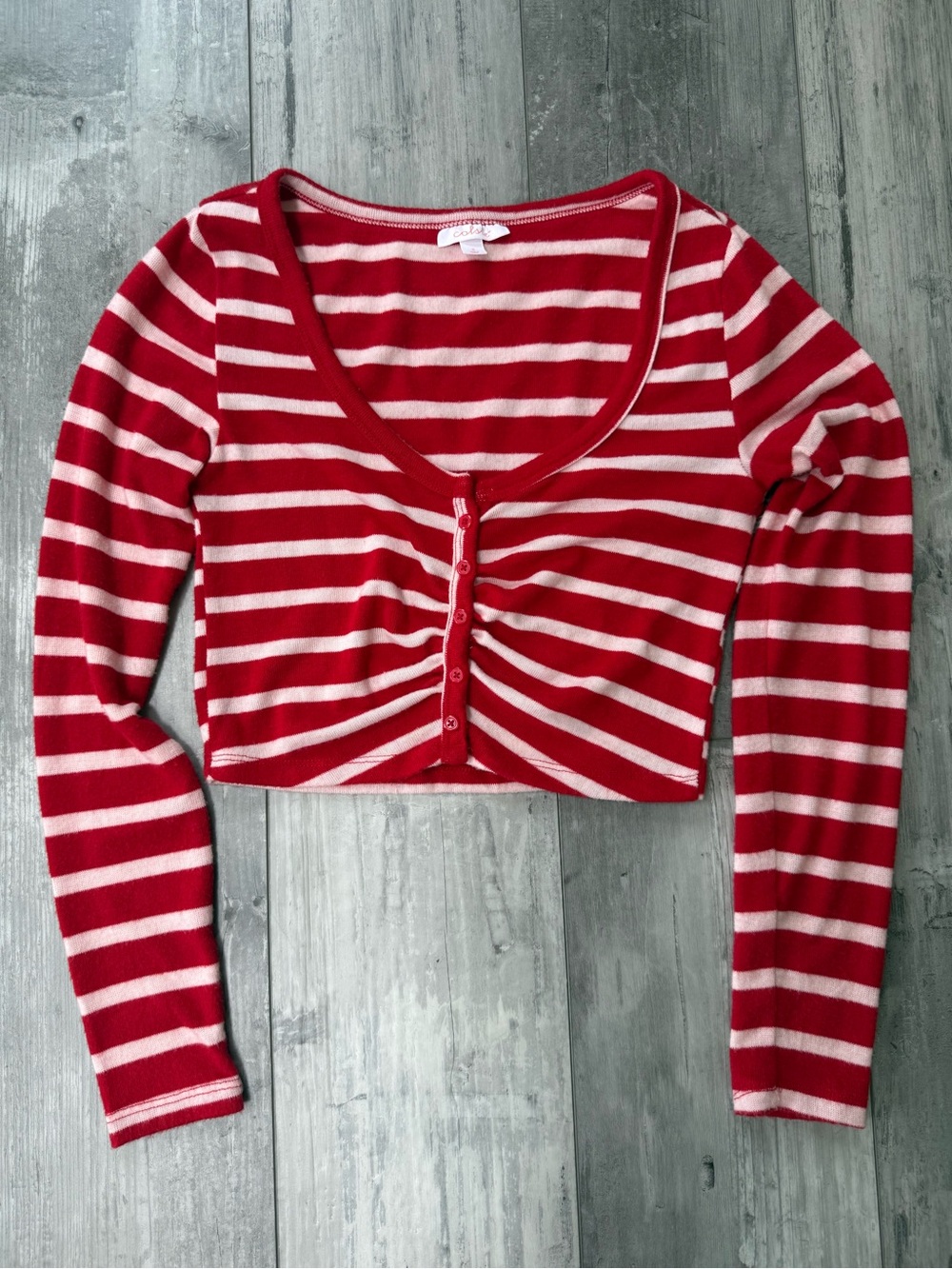 Colsie Red & White Striped Cropped Cardigan Long Sleeve Top Size Small